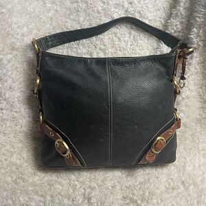 Luce pebble leather black large shoulder bag brown leather accents